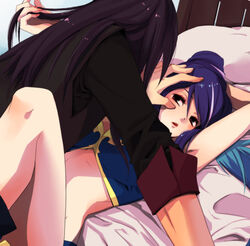  1boy armpits bad_id bad_pixiv_id bed blush couple female hidaka_ryou judith_(tales) long_hair lying purple_hair red_eyes straight tales_of_(series) tales_of_vesperia yuri_lowell 