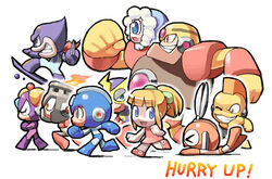  &gt;_&lt; 6+boys :d android arm_cannon armor blonde_hair blue_eyes bodysuit bomb_man brother_and_sister chibi closed_eyes commentary_request creature cut_man elec_man english_text everyone female fire_man full_body green_ribbons guts_man ice_man kin_niku looking_at_viewer mega_man:_powered_up mega_man_(character) mega_man_(classic) mega_man_(series) multiple_boys oil_man one_eye_closed open_mouth ponytail red_eyes red_skirt ribbon robot roll_(mega_man) siblings simple_background skirt smile time_man weapon white_background wince 