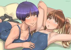  2girls armpits arms_up ayumu_(zenkou) blush breast_rest breasts brown_eyes brown_hair chitose_(zenkou) cleavage commentary_request dated green_background looking_afar looking_at_viewer lying medium_breasts multiple_girls on_back one-piece_swimsuit original parted_lips pillow purple_hair school_swimsuit shiny_skin short_hair simple_background small_breasts smile socks swimsuit tan twintails zenkou 