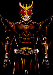  1boy belt black_background buckle commentary_request cowboy_shot goggles kamen_rider kamen_rider_kuuga kamen_rider_kuuga_(series) kamen_rider_kuuga_(ultimate_form) looking_at_viewer male_focus matchin photoshop_(medium) simple_background skin_tight solo standing 