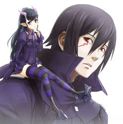  1boy bad_id bad_pixiv_id black_hair blassreiter blush bridal_gauntlets dress elea facial_mark female flat_chest high_heels horns jacket joseph_jobson long_hair mini_person minigirl necktie ookuma_nekosuke photoshop_(medium) pointy_ears ponytail purple_eyes red_eyes ruffling_hair shoes short_dress short_hair sitting sitting_on_person striped_clothes striped_thighhighs thighhighs zettai_ryouiki 