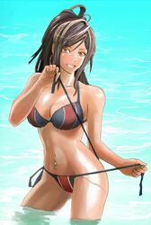  bad_id bad_pixiv_id bikini breasts brown_hair cleavage cowboy_shot dark-skinned_female dark_skin earrings female freesia_york green_nails hayadai highres jewelry large_breasts looking_at_viewer nail_polish navel_piercing piercing red_eyes senjou_no_valkyria_(series) senjou_no_valkyria_1 side-tie_bikini_bottom smile solo swimsuit untied water 