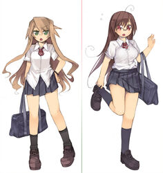  2girls :o ahoge arima_senka arima_senne bad_id bad_pixiv_id bag black_socks blonde_hair brown_hair glasses green_eyes hand_on_own_hip highres kashiwamochi_yomogi long_hair multiple_girls necktie original photoshop_(medium) red_eyes school_bag school_uniform shoes shoulder_bag siblings sisters socks 