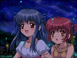  2girls air_(visual_novel) fireflies hair_ribbon long_hair michiru_(air) multiple_girls mutsuki_(moonknives) night oekaki red_eyes red_hair ribbon toono_minagi twintails 