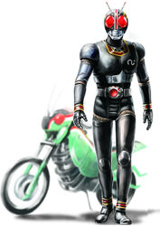  1boy antennae battle_hopper belt commentary_request full_body kamen_rider kamen_rider_black kamen_rider_black_(series) male_focus matchin motor_vehicle motorcycle photoshop_(medium) red_eyes simple_background 