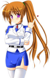  commentary_request female highres lask long_hair lyrical_nanoha mahou_shoujo_lyrical_nanoha_strikers military military_uniform pencil_skirt purple_eyes raising_heart raising_heart_(standby_mode) red_hair side_ponytail side_slit skirt solo takamachi_nanoha thighhighs tsab_air_military_uniform uniform zettai_ryouiki 