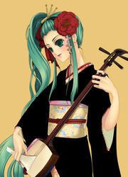  alternate_hairstyle aqua_hair bachi bad_id bad_pixiv_id black_kimono female flower green_eyes hair_ribbon hatsune_miku instrument japanese_clothes kimono long_hair ouka_mai plectrum ribbon shamisen side_ponytail solo vocaloid 