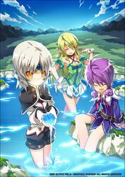  3girls :d aisha_landar android another_code_(elsword) belt_collar black_capelet black_shorts blush breasts capelet cleavage closed_eyes collar commentary_request dress elf elsword empty_eyes eve_(elsword) facial_mark fantasy flat_chest forehead_jewel gloves green_eyes green_hair grey_hair jacket long_hair magician_(elsword) medium_breasts metal_bracelet multicolored_clothes multicolored_dress multiple_girls nature necktie off-shoulder_dress off_shoulder official_art one_eye_closed open_mouth oversized_belt parted_bangs photoshop_(medium) pointy_ears purple_dress purple_hair ranger_(elsword) red_necktie rena_erindel ress robot_ears short_hair shorts sitting skirt smile soaking_feet water white_gloves white_jacket yellow_eyes 