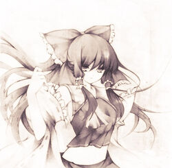  ascot babu523 bad_id bad_pixiv_id crop_top female hair_tubes hakurei_reimu looking_at_viewer midriff monochrome navel photoshop_(medium) short_hair simple_background skirt solo stomach touhou white_background 