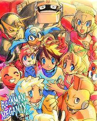  2girls 6+boys ^_^ android armor bad_id bad_pixiv_id beat_(mega_man) bird blonde_hair bomb_man brown_hair canine clenched_hand closed_eyes copyright_name cut_man eddie_(mega_man) elec_man everyone fire_man fur_trim gotou_(toriwasa) guts_man happy helmet hood ice_man long_hair looking_at_viewer looking_back mask mega_man_(character) mega_man_(classic) mega_man_(series) mega_man_1 mega_man_megamix multiple_boys multiple_girls non-humanoid_robot photoshop_(medium) ponytail robot robot_animal roll_(mega_man) rush_(mega_man) smile v 