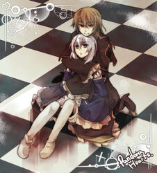  1boy boots brown_hair capelet checkered commentary_request detached_sleeves earrings echo_(pandora_hearts) female frills gathers gloves grey_eyes heterochromia hug hug_from_behind jewelry long_hair pandora_hearts photoshop_(medium) red_eyes short_hair sitting smirk thigh_boots thighhighs vincent_nightray white_hair yellow_eyes yuzu_juncgr 