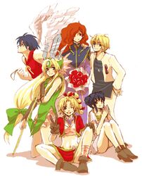  2boys 4girls bad_id bad_pixiv_id blonde_hair chrono_cross creator_connection crop_top crossover daisuke_aurora flower heat_guy_j kid_(chrono_cross) long_hair low-tied_long_hair multi-tied_hair multiple_boys multiple_crossover multiple_girls one_eye_closed riesz seiken_densetsu seiken_densetsu_3 tenkuu_no_escaflowne tony_(toward_the_terra) toral26 toward_the_terra v van_fanel wings 