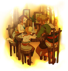  3boys blonde_hair blue_eyes brown_hair colin_(zelda) commentary_request earrings jewelry link multiple_boys pencil pointy_ears talo the_legend_of_zelda the_legend_of_zelda:_twilight_princess tubumi wooden_pencil 