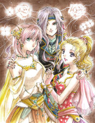  3girls :d bare_shoulders blonde_hair breasts cleavage closed_mouth commentary_request cowboy_shot dress faris_scherwiz final_fantasy final_fantasy_5 grey_hair headband jewelry krile_mayer_baldesion_(ff5) large_breasts lenna_charlotte_tycoon looking_at_viewer medium_breasts multiple_girls necklace open_mouth red_dress sirotuka_lambda smile white_dress 