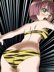  animal_print ass awa baba_tsutsuji bikini blush female glasses looking_back solo sora_wo_kakeru_shoujo swimsuit tiger_print yellow_bikini 