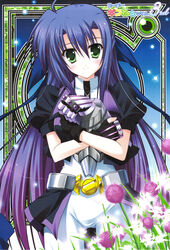  allium_(flower) blush cowboy_shot egret_orchid endori female fingerless_gloves flower gauntlets ginga_nakajima gloves glowing glowing_flower green_eyes highres long_hair looking_at_viewer lyrical_nanoha mahou_shoujo_lyrical_nanoha_strikers orchid purple_flower purple_hair revolver_knuckle smile solo sparkle very_long_hair white_flower 