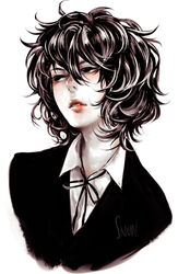  androgynous black_eyes black_hair commentary_request curly_hair gender_request hys122211 lips lipstick makeup messy_hair original pale_skin ribbon short_hair solo 