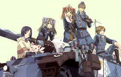  2boys 3girls ahoge alicia_melchiott bandana blue_eyes blue_hair boots brown_eyes brown_hair edelweiss_(senjou_no_valkyria) edy_nelson faldio_landzaat fringe_trim gloves grey_hair gun hair_ribbon hat highres isara_gunther long_hair military military_uniform military_vehicle motor_vehicle multiple_boys multiple_girls official_art own_hands_clasped own_hands_together pig poncho ribbon senjou_no_valkyria_(series) senjou_no_valkyria_1 shawl short_hair sitting smile striped_clothes striped_thighhighs tank thighhighs twintails uniform watanabe_atsuko weapon welkin_gunther zettai_ryouiki 