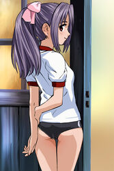  ass bow brown_eyes buruma female gakkou_no_kaidan_(anime) gym_uniform hair_ribbon haruyama_kazunori koigakubo_momoko long_hair looking_back panties pink_bow purple_hair ribbon smile solo underwear 