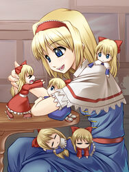  &gt;_&lt; 6+girls =_= alice_margatroid blonde_hair blue_eyes bow chibi closed_eyes doll hairband hairbow hourai_doll kneeling multiple_girls photoshop_(medium) shanghai_doll sleeping smile table touhou you_naka 