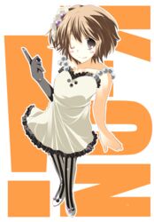  brown_eyes brown_hair commentary_request don&#039;t_say_&quot;lazy&quot; dress female from_above gloves hirasawa_yui k-on! one_eye_closed pantyhose short_hair solo souyoku striped_clothes striped_pantyhose vertical-striped_clothes vertical-striped_pantyhose 