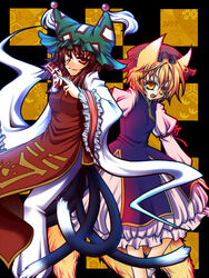  2girls aged_up animal_ears animal_hat blonde_hair brown_hair cat_tail chen commentary_request earrings fox_ears fox_tail hat jewelry juliet_sleeves kisaragi_you long_sleeves mob_cap multiple_girls multiple_tails pants puffy_sleeves role_reversal short_hair tail tassel touhou wide_sleeves yakumo_ran yellow_eyes 