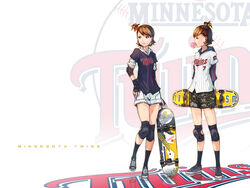  2girls bad_id bad_pixiv_id baseball blowing_bubbles brown_eyes brown_hair casual chewing_gum ekao elbow_pads futami_ami futami_mami hair_bobbles hair_ornament hood hoodie idolmaster idolmaster_(classic) jacket joe_mauer knee_pads major_league_baseball minnesota_twins multiple_girls photoshop_(medium) realistic short_hair shorts siblings side_ponytail sisters skateboard twins united_states 