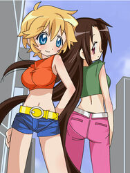  2girls back-to-back bad_id bad_pixiv_id bare_legs bare_shoulders belt blonde_hair blue_eyes blush brown_hair casual day denim denim_shorts glasses long_hair looking_back looking_to_the_side lucky_star midriff multiple_girls navel pantylines patricia_martin red_eyes reverie_(artist) short_hair shorts sky smile tamura_hiyori very_long_hair 