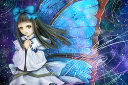  astronomy black_hair blue_bow blue_ribbon blue_wings blunt_bangs blush bow butterfly_wings commentary_request dress fairy female hairbow hand_on_own_chest hands_up hime_cut insect_wings long_hair neck_ribbon open_mouth orbital_path own_hands_together ribbon sai-go sky sleeve_garter sleeve_ribbon smile solo star_(sky) star_sapphire starry_sky touhou wings yellow_eyes 