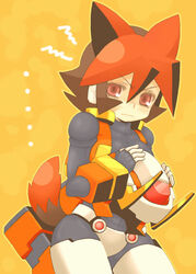  animal_ears atlas_(mega_man) bad_id bad_pixiv_id blush bodysuit brown_eyes brown_hair dyed_bangs female helmet holding holding_helmet kannagi_kaname kemonomimi_mode mega_man_(series) mega_man_zx mega_man_zx_advent model_f_(mega_man) short_hair simple_background solo tail unworn_headwear unworn_helmet 