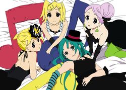  1boy 3girls akiyama_mio akiyama_mio_(cosplay) all_fours alternate_hairstyle aqua_eyes aqua_hair black_dress blonde_hair blue_eyes commentary_request cosplay don&#039;t_say_&quot;lazy&quot; dress fingerless_gloves gloves green_legwear guppy_(disneyinpark) hair_bun hat hatsune_miku hirasawa_yui hirasawa_yui_(cosplay) k-on! kagamine_len kagamine_rin kotobuki_tsumugi kotobuki_tsumugi_(cosplay) long_hair lying megurine_luka mini_hat mini_top_hat multiple_girls musical_note otoko_no_ko pantyhose pink_hair short_hair single_hair_bun tainaka_ritsu tainaka_ritsu_(cosplay) top_hat vocaloid 