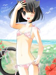  animal_ears beach bikini black_eyes black_hair blush bow cat_ears cat_tail cloud commentary_request day female flat_chest flower hibiscus kanzaki_miku kuroinu lowleg lowleg_bikini navel ocean one_eye_closed original outdoors pink_bikini red_flower ribbon short_hair side-tie_bikini_bottom sketch solo swimsuit tail tail_bow tail_ornament tail_ribbon 