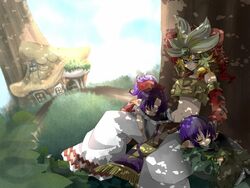  2boys bad_id bad_pixiv_id blonde_hair boots bud_(lom) female hat legend_of_mana lisa_(lom) lolicon midriff multiple_boys nata_(kimeeee) pointy_ears ponytail purple_hair robe seiken_densetsu toto_(lom) 