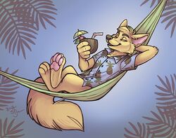  2018 4_toes 5_fingers abigfathen aloha_shirt anthro arm_tuft beverage canid canine cheek_tuft chest_tuft closed_eyes clothing crossed_legs elbow_tuft facial_tuft feet fingers fluffy fluffy_tail fox fur goldenrod hammock hand_behind_head holding_object male mammal outside pattern_clothing pattern_shirt pattern_topwear pawpads relaxing shirt simple_background smile solo tail tan_body tan_fur toes topwear tuft 