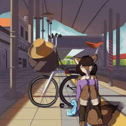  1:1 3doss anthro arm_support bare_shoulders bicycle biped breasts canid canine chest_tuft clothing detailed_background feet female footwear fox hair hat headgear headwear hi_res hindpaw legs_up legwear looking_at_viewer mammal open_mouth outside paws plushie sitting socks solo sweater teddy_bear toeless_footwear toeless_socks toes topwear train_station tuft underwear vehicle yellow_eyes 