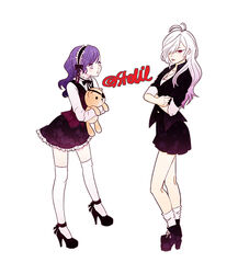  2girls bags_under_eyes blush bow bowtie crossed_arms diabolik_lovers eyepatch hair_over_one_eye headdress high_heels looking_at_another looking_at_viewer multiple_girls open_mouth purple_eyes purple_hair red_eyes rule_63 sakamaki_kanato sakamaki_subaru school_uniform simple_background skirt socks stuffed_animal stuffed_toy teddy_(diabolik_lovers) teddy_bear thighhighs uniform white_background white_hair zettai_ryouiki 