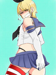  black_panties blonde_hair blush covering cowboy_shot crossdressing dead_or_alive elbow_gloves eliot_(doa) from_behind gloves hachuurui hair_ribbon looking_back open_mouth panties ribbon serafuku shimakaze_(kantai_collection)_(cosplay) skirt solo striped_legwear thighhighs underwear zettai_ryouiki 