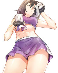  abs black_gloves black_hair brown_eyes commentary_request dutch_angle female fingerless_gloves from_below gloves mikasa_ackerman purple_shorts shingeki_no_kyojin short_hair shorts sine solo sports_bra sweat toned white_background wiping_face 