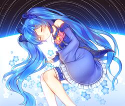  blue_hair closed_eyes commentary constellation constellation_print dress english_commentary female fingerless_gloves gamathx gloves hatsune_miku highres long_hair sleeping solo star_(sky) star_(symbol) star_night_snow_(vocaloid) star_trail twintails very_long_hair vocaloid yuki_miku yuki_miku_(2017) 