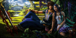  anouk_potters blue_hair brown_hair final_fantasy final_fantasy_xiii-2 noel_kreiss paddra_nsu-yeul scenery sitting 