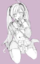  bow bowtie calf_socks diabolik_lovers eyepatch female hair_ribbon lavender_background line_art monochrome open_jacket open_mouth ribbon rule_63 sakamaki_kanato school_uniform simple_background smile socks solo stuffed_animal stuffed_toy teddy_(diabolik_lovers) teddy_bear twintails uniform 