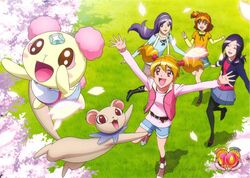  4girls aono_miki belt black_legwear blue_skirt brown_hair buckle cherry_blossoms chiffon_(fresh_precure!) field fresh_precure! full_body grass higashi_setsuna kagawa_hisashi long_sleeves momozono_love multiple_girls official_art outstretched_arms pantyhose pink_vest precure purple_hair red_eyes skirt spring_(season) tart_(fresh_precure!) vest yamabuki_inori 