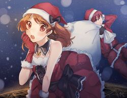  1boy aikatsu! aikatsu!_(series) bad_id bad_pixiv_id blue_eyes brown_hair dress female hat long_hair ozora_akari red_eyes retako sack santa_costume santa_hat sena_tsubasa short_hair 