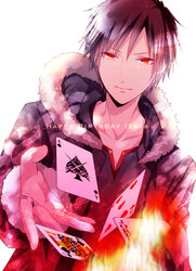  1boy black_hair card coat commentary_request durarara!! fire happy_birthday jewelry maine_(unap!) male_focus orihara_izaya red_eyes ring solo 