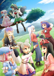  6+girls arm_ribbon arm_strap bat_wings bird_wings black_dress black_hair blonde_hair blue_dress blue_eyes blue_hair blue_sky boots bow bowl braid capelet closed_eyes cloud commentary cup day dress earmuffs floral_print food fruit gradient_hair grass green_skirt grey_eyes grey_hair hair_ornament hairbow hat hat_ribbon hijiri_byakuren houraisan_kaguya in_tree japanese_clothes kimono layered_dress layered_sleeves long_hair long_sleeves mini_person minigirl mob_cap morioka_itari multicolored_hair multiple_girls nurse_cap obi onigiri open_mouth outdoors pink_dress pink_eyes pink_hair pointy_hair purple_hair red_eyes reiuji_utsuho remilia_scarlet ribbon saigyouji_yuyuko sash shirt short_over_long_sleeves short_sleeves sitting sitting_in_tree skirt sky smile strawberry sukuna_shinmyoumaru teacup third_eye touhou toyosatomimi_no_miko tree triangular_headpiece veil very_long_hair white_dress white_hair wide_sleeves wings yagokoro_eirin yasaka_kanako 