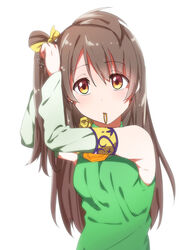  adjusting_hair bad_id bad_pixiv_id bow brown_eyes brown_hair detached_sleeves female hairbow kakutasu kokuhaku_biyori_desu! long_hair love_live! love_live!_school_idol_project minami_kotori one_side_up simple_background solo tying_hair white_background 