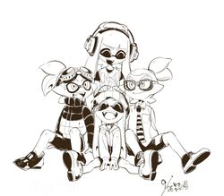  2boys 2girls ^_^ bad_id bad_twitter_id bike_shorts bobble-chan_(splatoon) bobblehat closed_eyes dated glasses glasses-kun_(splatoon) goggle-kun_(splatoon) goggles goggles_on_head greyscale headphone-chan_(splatoon) inkling inkling_boy inkling_girl inkling_player_character mojaranmo monochrome multiple_boys multiple_girls necktie pointy_ears shoes short_hair sidelocks signature simple_background sitting smile sneakers splatoon_(manga) splatoon_(series) splatoon_1 tentacle_hair topknot white_background 