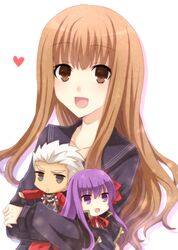  1boy 2girls archer_(fate) bad_id bad_pixiv_id bb_(fate) bb_(fate/extra) brown_eyes brown_hair chibi fate/extra fate/extra_ccc fate_(series) hair_ribbon hinano kishinami_hakuno_(female) long_hair multiple_girls purple_eyes purple_hair ribbon school_uniform tsukumihara_academy_uniform_(fate/extra_ccc) 