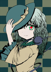  bow checkered_background closed_eyes commentary_request eyeball female gradient_hair green_eyes green_hair hat heart heart-shaped_pupils komeiji_koishi multicolored_hair one_eye_closed smile solo symbol-shaped_pupils third_eye touhou tsukimi_(ryouiki_ridatsu) wavy_hair 