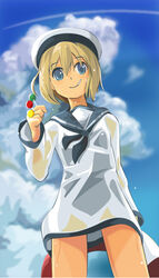  alternate_costume bad_id bad_pixiv_id blonde_hair blue_eyes candy chameleon_man_(three) cloud cloudy_sky contrail day dress erica_hartmann female food hat lollipop looking_at_viewer military military_uniform pork_pie_sailor_hat sailor_dress sailor_hat short_hair sky smile solo strike_witches uniform world_witches_series 